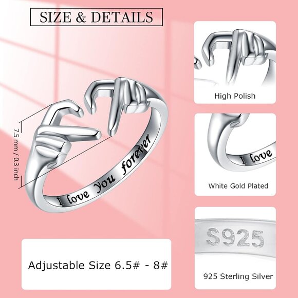 925-Sterling-Silver Heart Claddagh Rings for Women - Adjustable White/18K/Rose G - Picture 6 of 6
